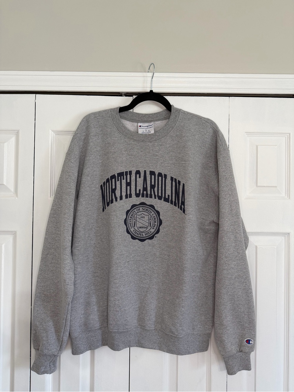 Champion Gray Crewneck Sweatshirt with Navy North Carolina Print